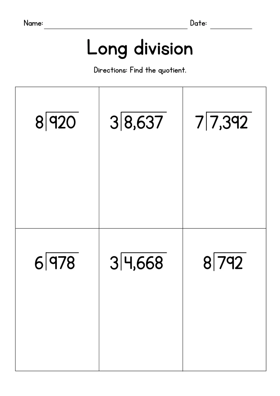 Long division set 5: students solve six 1-digit divisor problems, including 920 by 8, 8,637 by 3 and 7,392 by 7