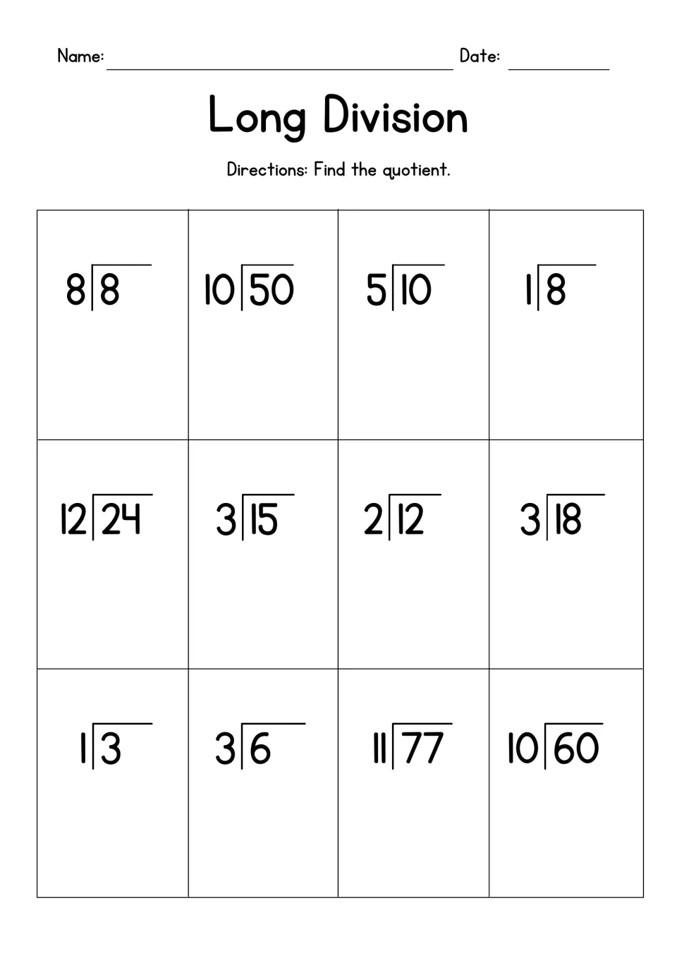 Long division practice: students find the quotient for 12 basic facts, including 50 ÷ 10, 24 ÷ 12 and 77 ÷ 11