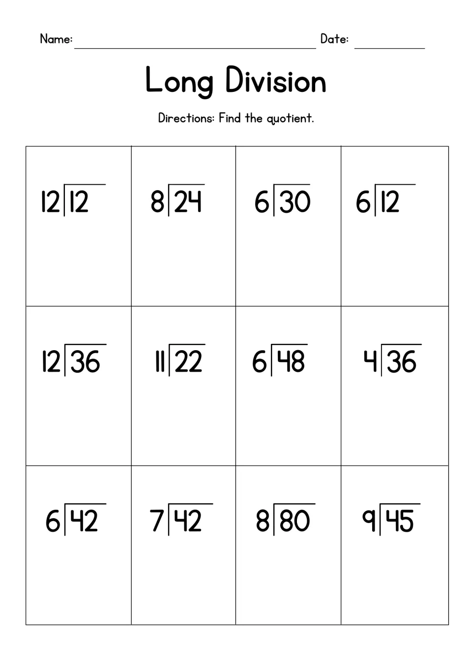 Long division: students solve 12 find-the-quotient problems with divisors 4 to 12, like 12 ÷ 12, 36 ÷ 4 and 45 ÷ 9