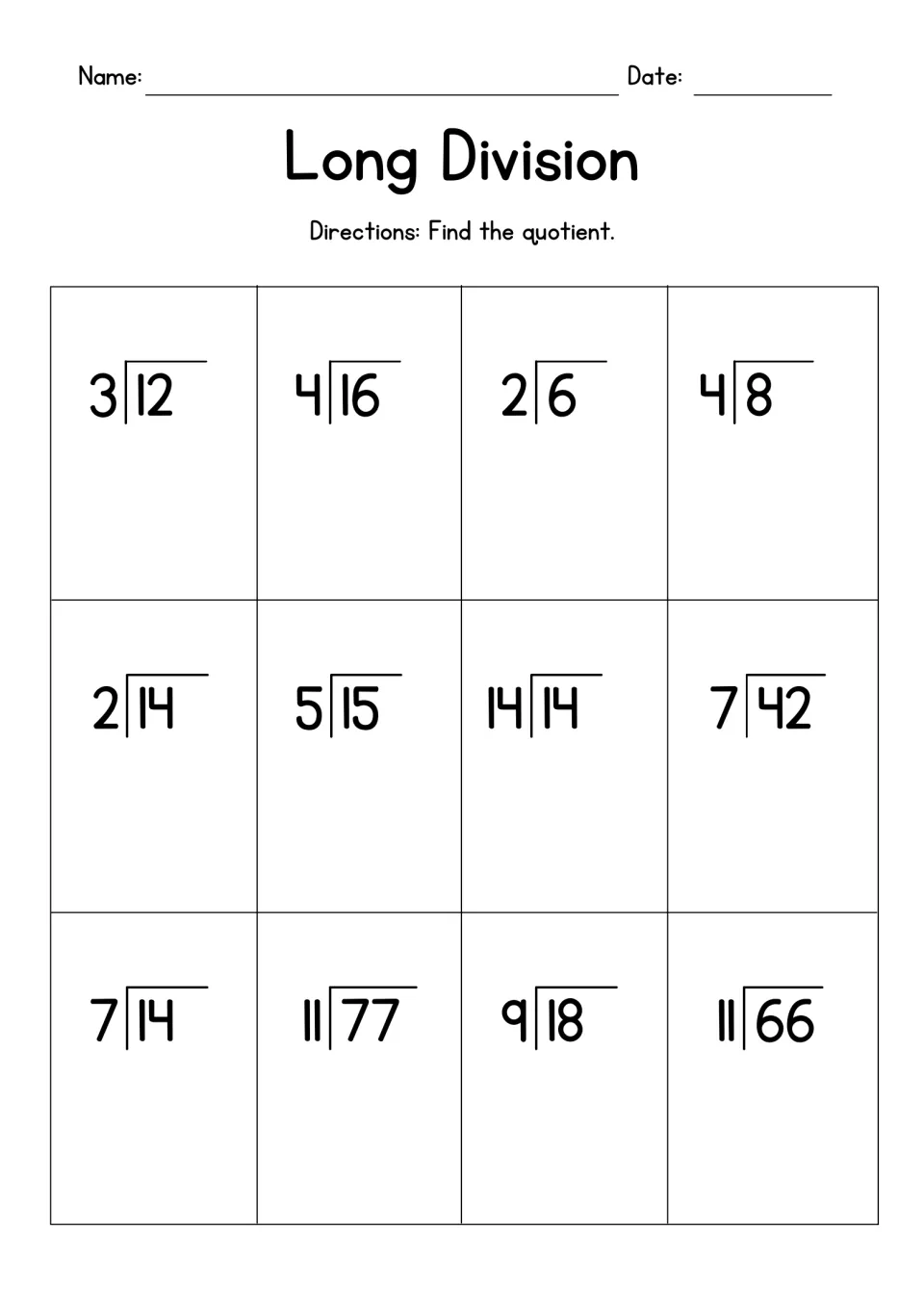 Division facts in long division form: students find each quotient for 12 items, from 12 ÷ 3 and 6 ÷ 2 to 66 ÷ 11