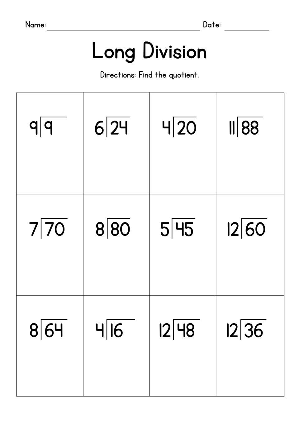 Long division quotients: students solve 12 basic facts, including 9 ÷ 9, 88 ÷ 11, 64 ÷ 8 and 36 ÷ 12