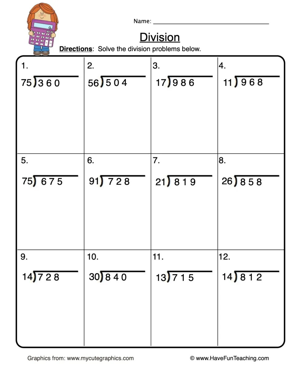 Division: students solve 12 long division problems dividing three-digit numbers by two-digit divisors, like 504 ÷ 56