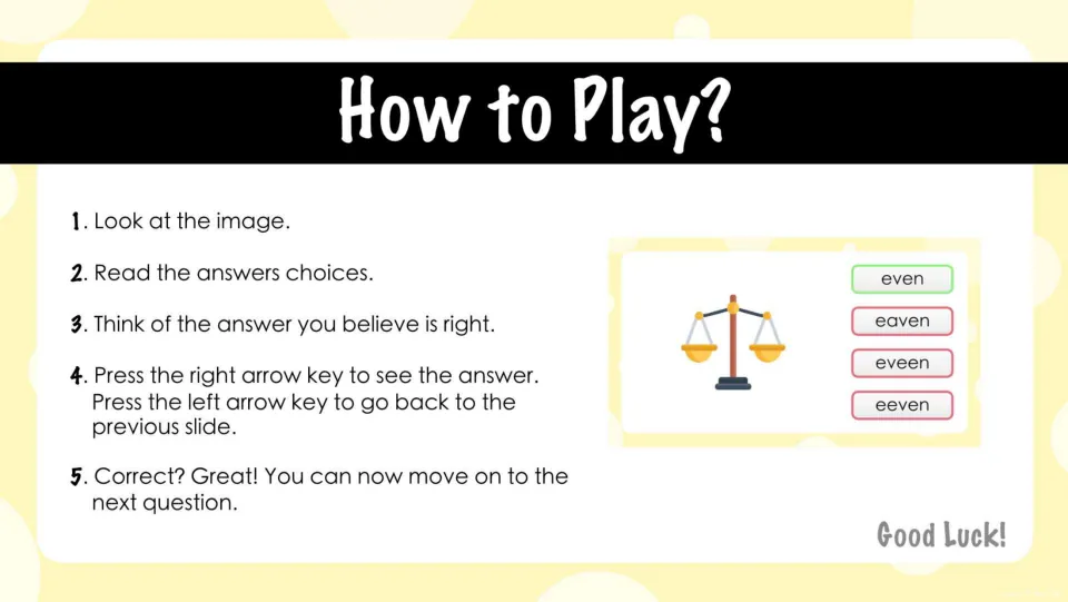 How to Play directions: students look at a picture, read four spellings, choose one, then press arrow keys to check