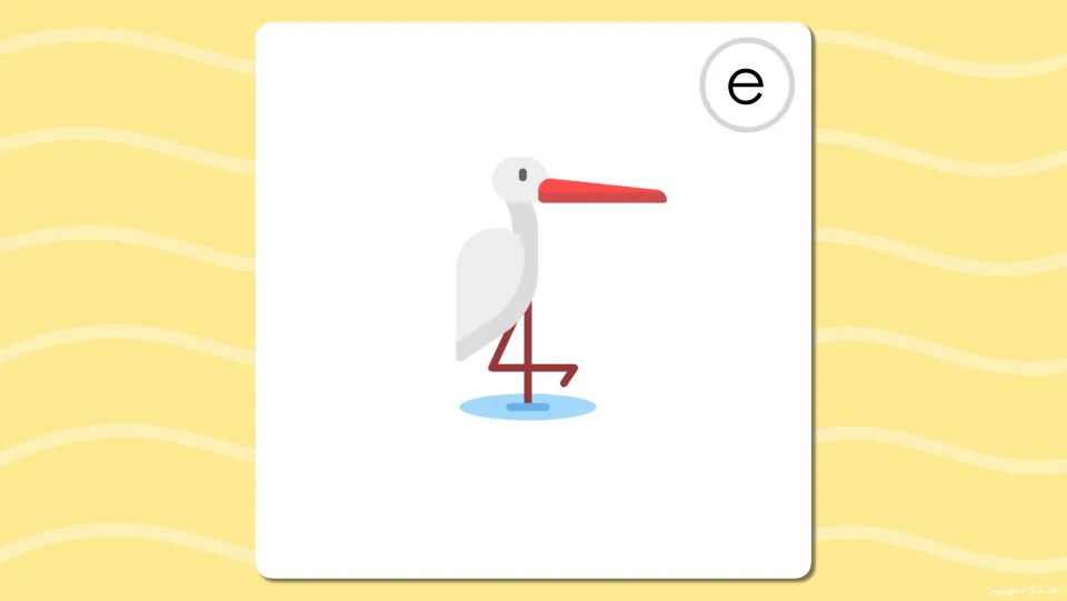 Long e flash card showing a egret wading in water; students name the bird and listen for the long e sound at the start