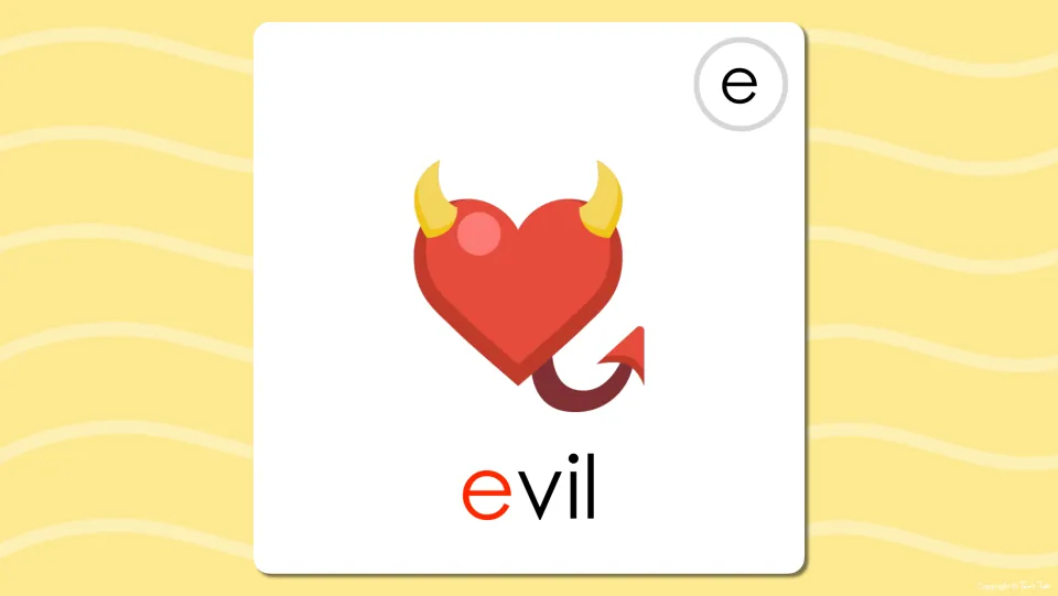 Long e flash card revealing the word evil beneath the horned heart picture, with the first letter e in red