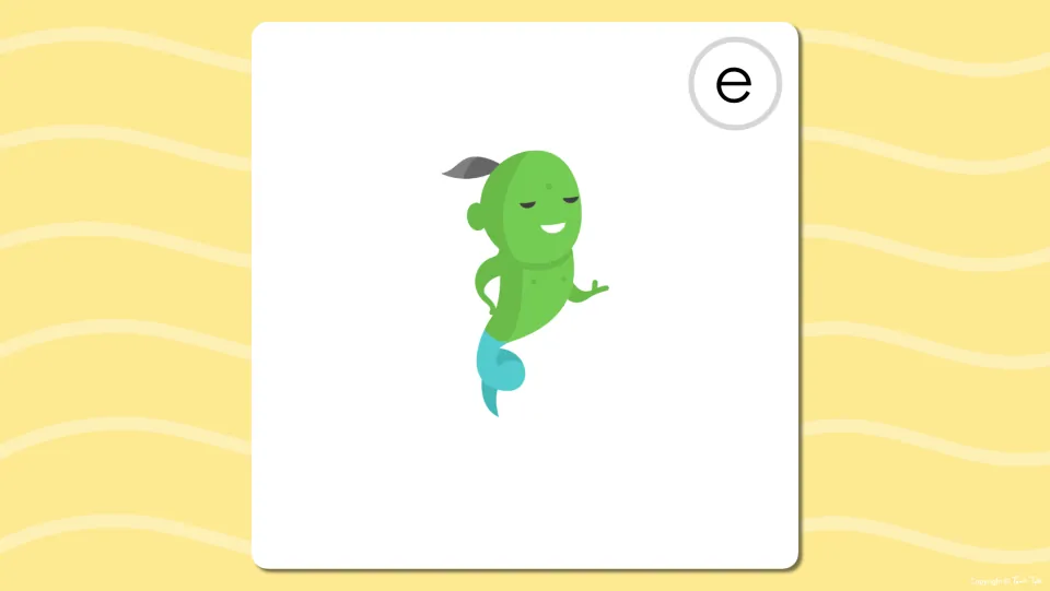 Long e flash card showing a smiling green genie; students name the character and find the long e sound in the middle