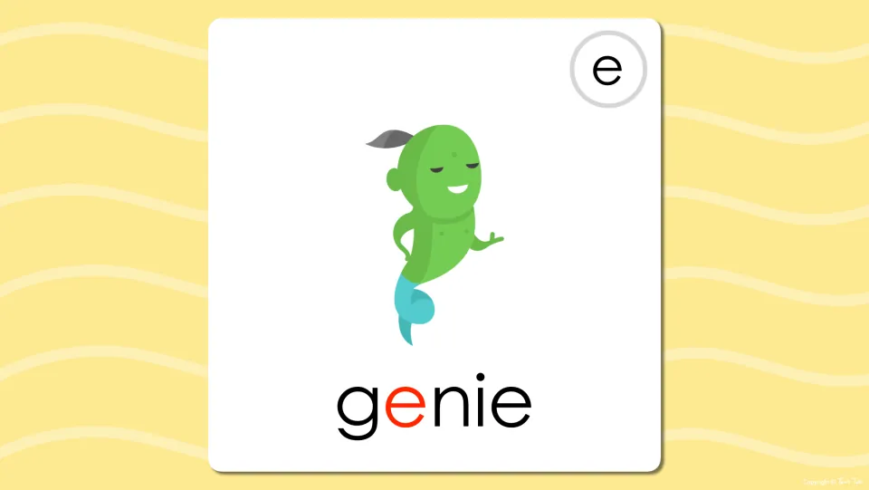 Long e flash card revealing the word genie under the green genie picture, with the middle e in red to show the vowel
