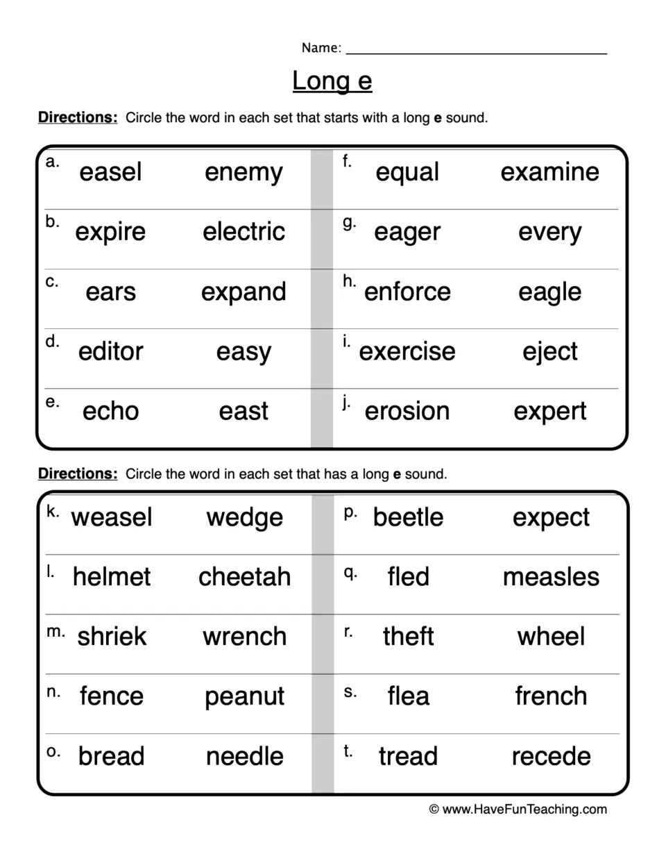 Long e practice sheet: 20 word pairs for circling long e sounds, including easel/enemy and weasel/wedge.