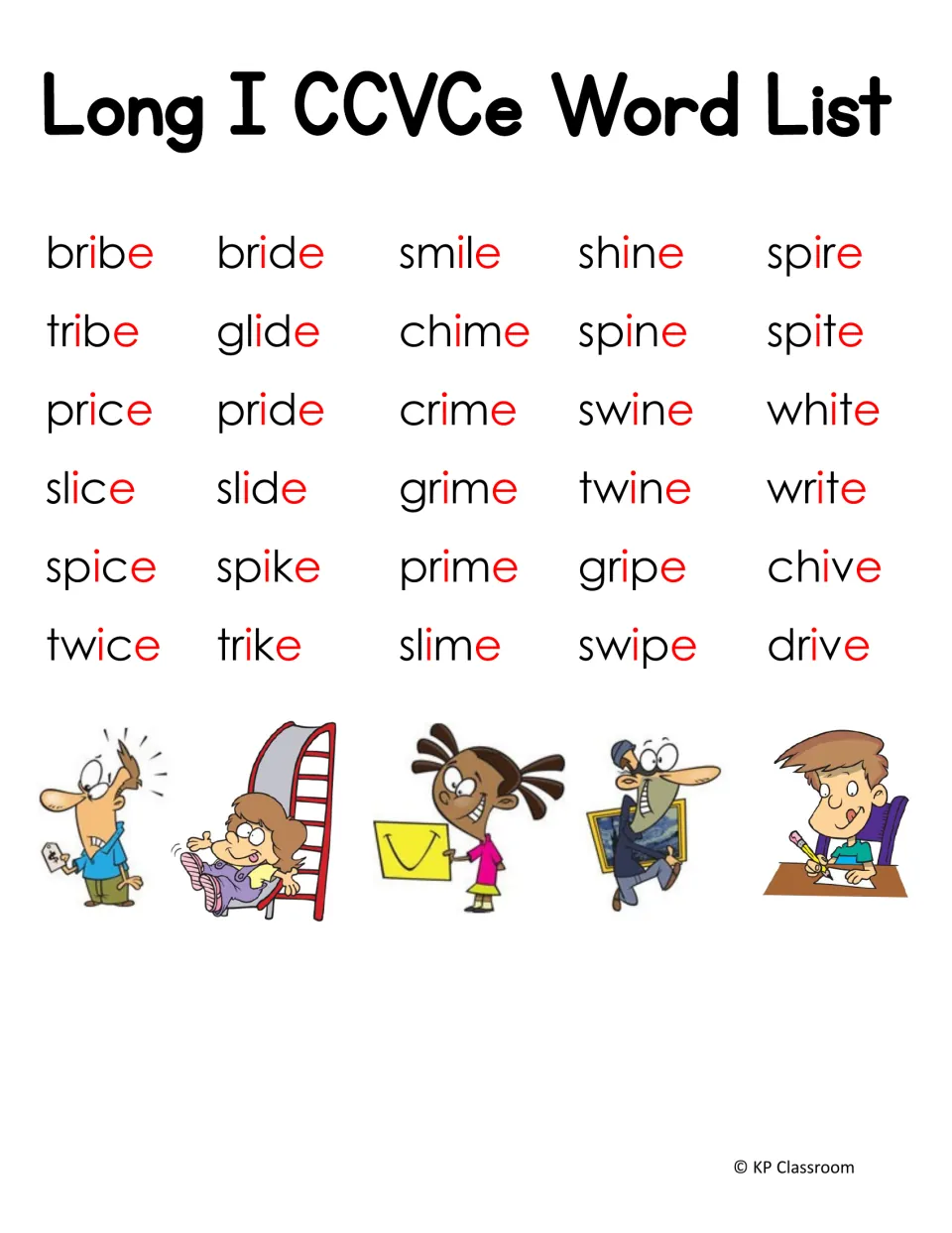 Long I CCVCe word list includes 30 words, such as bribe, tribe, price, bride, glide, smile, shine, and drive.