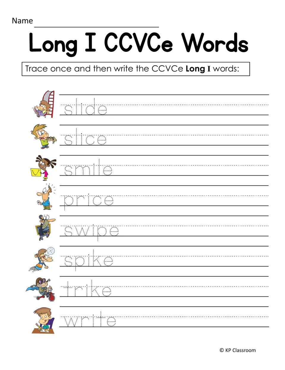 Long I tracing practice asks students to trace and write slide, slice, smile, price, swipe, spike, trike, and write.