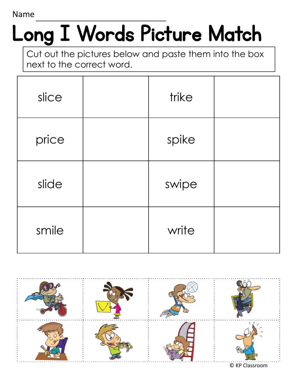 Long I picture match asks students to cut and paste pictures for slice, price, slide, smile, and four more words.