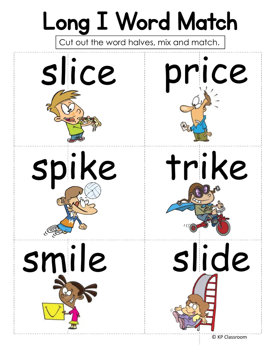Long I word match provides six illustrated word puzzles to cut apart: slice, price, spike, trike, smile, and slide.