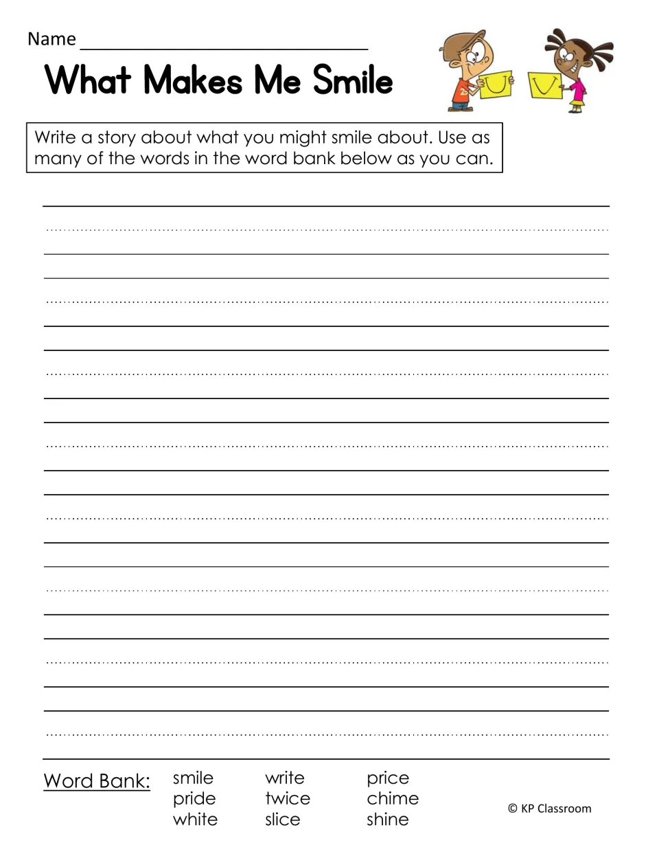 What Makes Me Smile story prompt asks students to use a nine-word bank including smile, pride, white, and write.