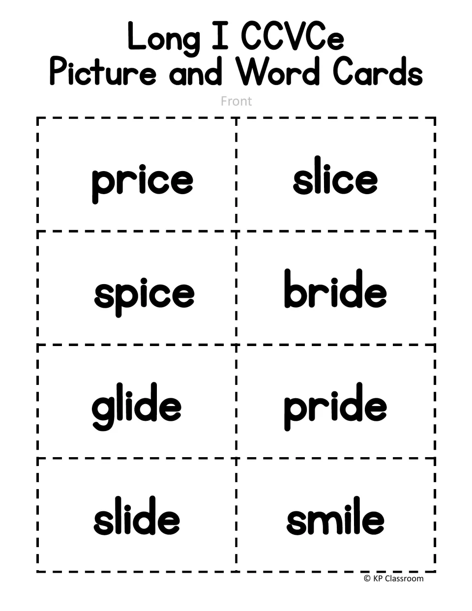 First eight long I card fronts show price, slice, spice, bride, glide, pride, slide, and smile for word practice.