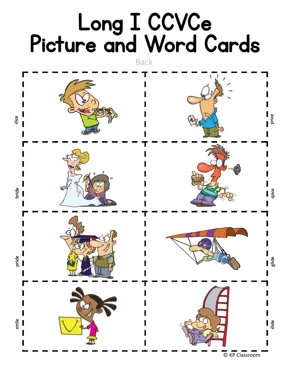 Long I picture-card backs illustrate slice, price, bride, spice, pride, glide, smile, and slide to match the fronts.