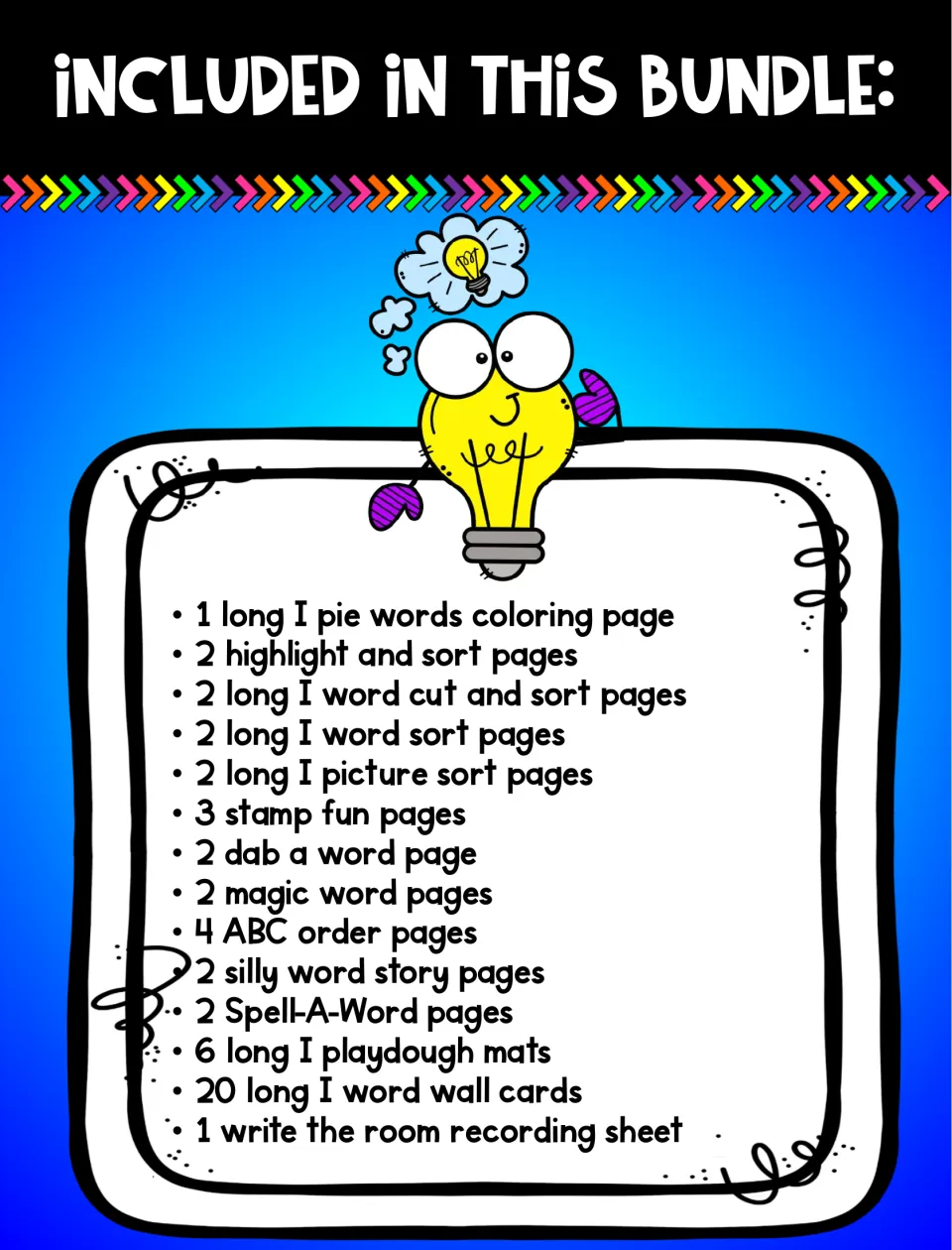 Bundle contents list: pie coloring page, word sorts, stamp fun, dab a word, ABC order, playdough mats and word wall cards