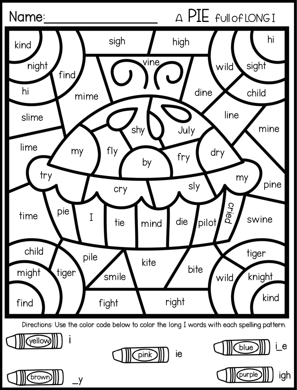 A Pie Full of Long I: students color long i words by spelling pattern (i, ie, i_e, _y, igh) using a five-crayon color code