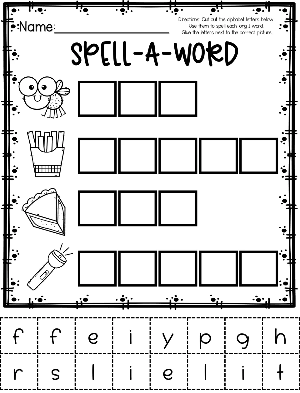 Spell-A-Word long i: students cut out letters and glue them to spell fly, fries, pie and light beside each picture