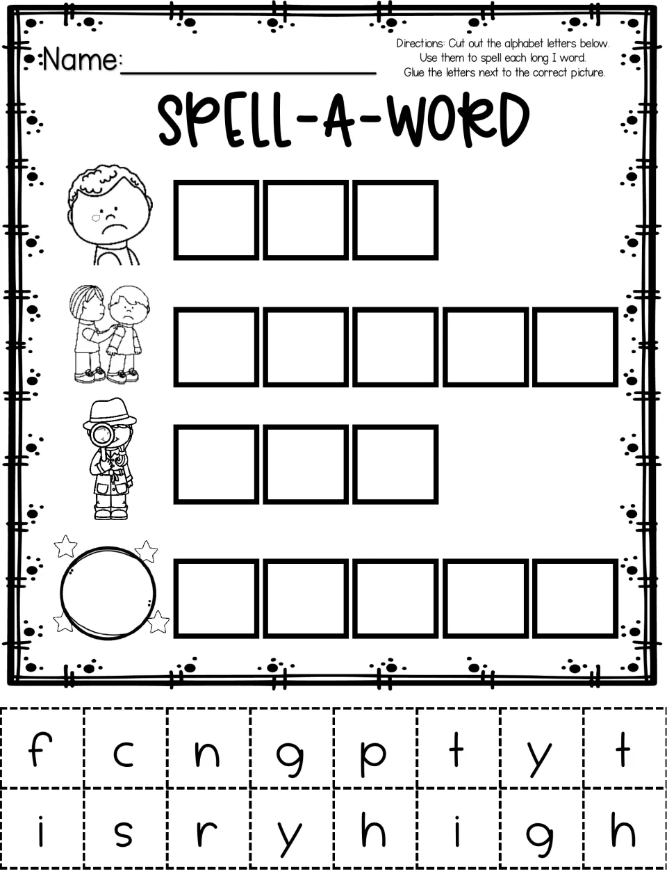Spell-A-Word long i set 2: students cut out letters to spell four picture words, such as cry and spy
