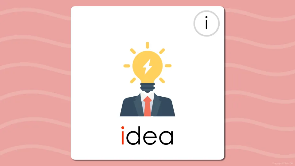 Long i flash card for the word idea with the light bulb picture and its first letter i in red to mark the vowel