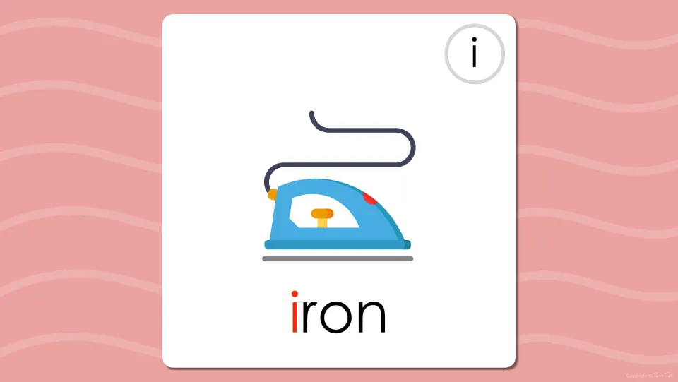 Long i flash card for the word iron under the clothes iron picture, with the opening i in red to highlight the vowel