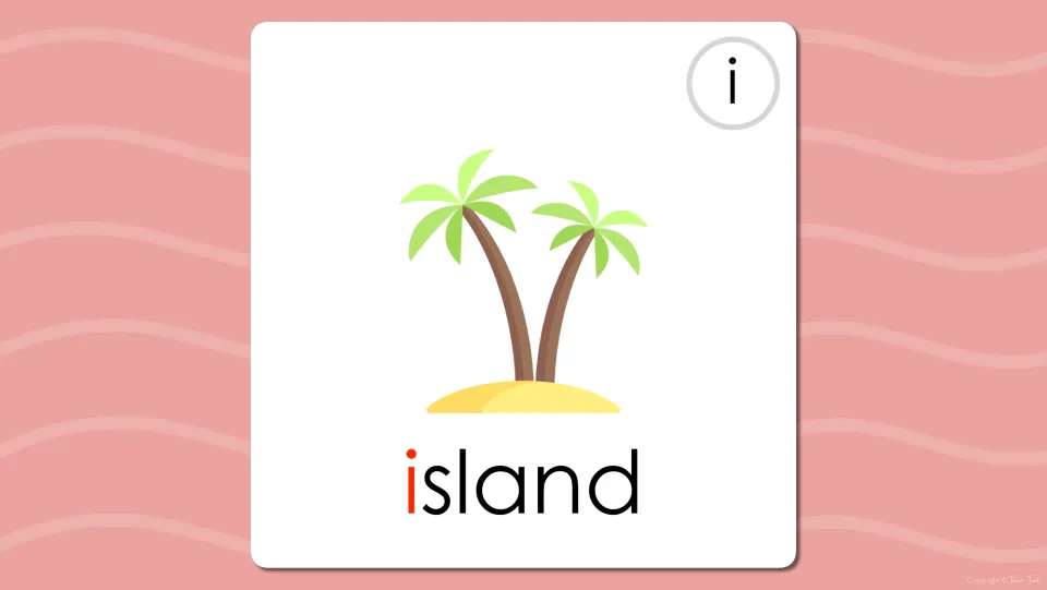 Long i flash card for the word island below the palm tree picture, with its first i in red to mark the long vowel
