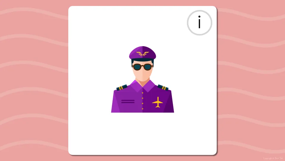 Long i flash card picturing a pilot in a purple uniform, cap and sunglasses; students name it and find the long i
