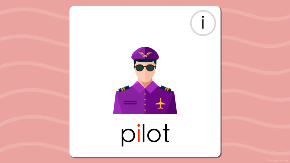 Long i flash card for the word pilot under the pilot picture, with the middle i in red to mark the long vowel