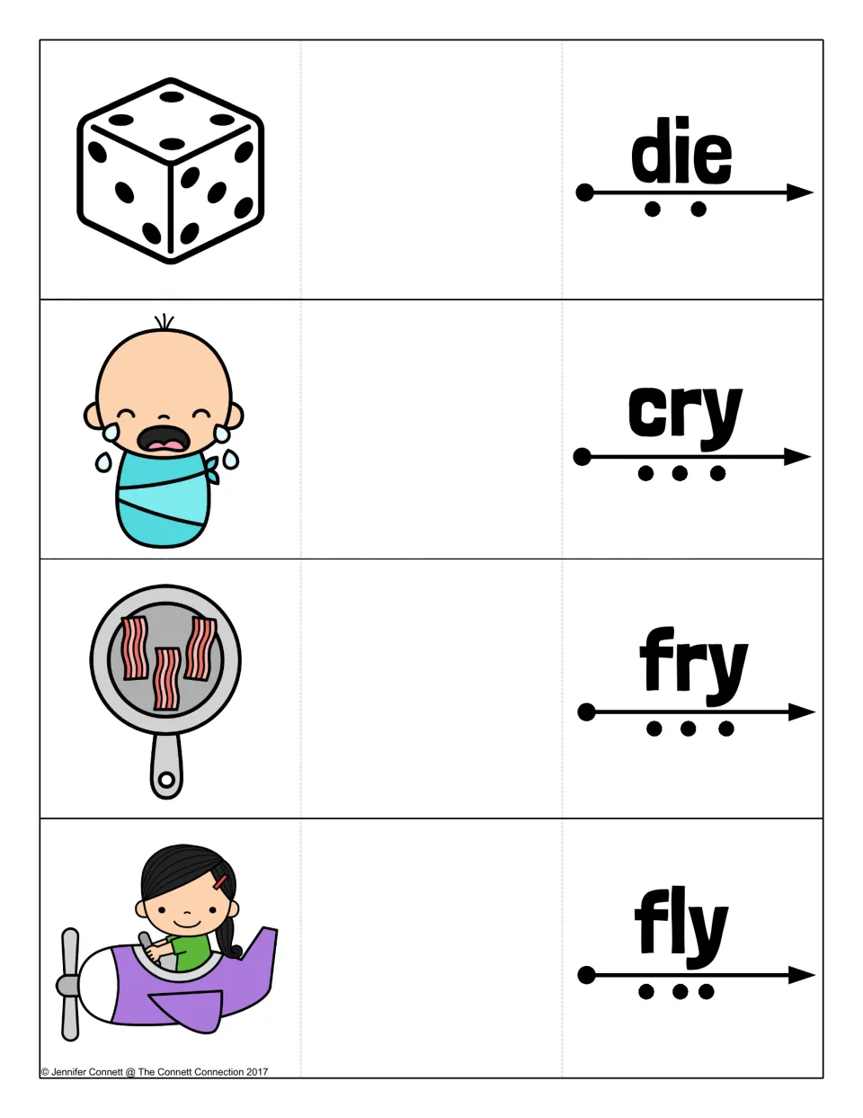 Long i blending cards for die, cry, fry and fly, pictured with a die, crying baby, bacon in a pan and a girl flying a plane
