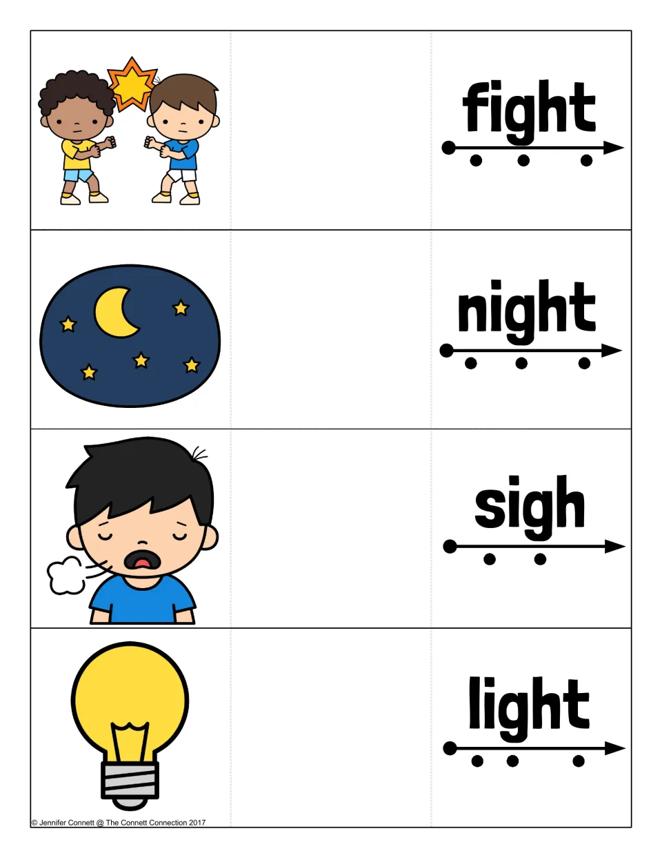 Long i igh word cards: fight, night, sigh and light, each with a picture and dots under the word to blend each sound
