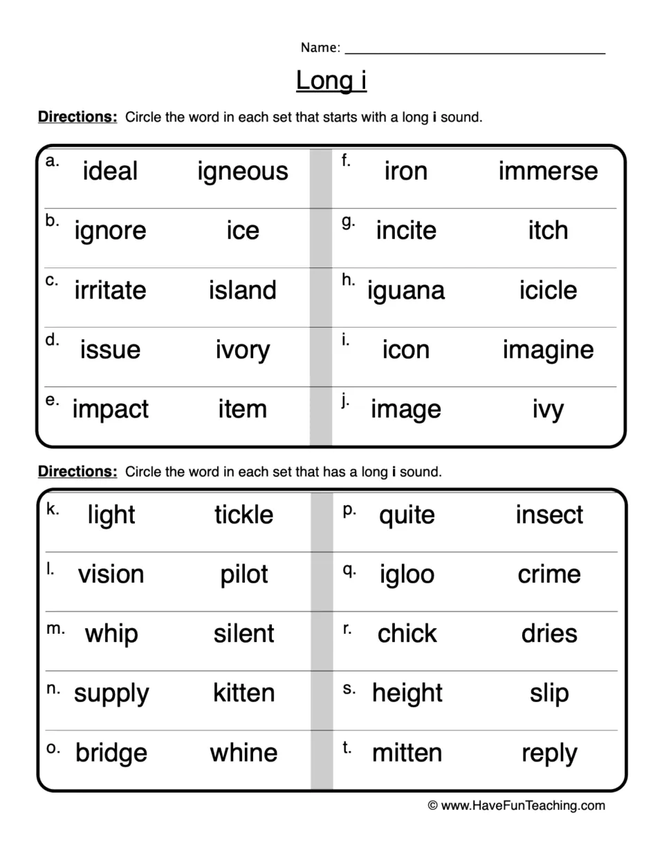 Long i sound: students circle the word in each of 20 pairs that starts with or contains long i, such as ignore vs. ice