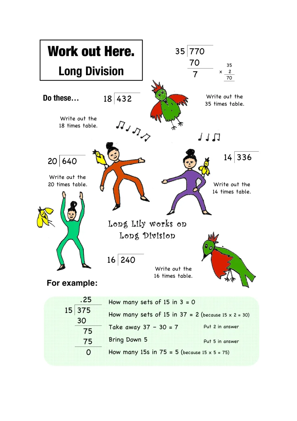 Long division: after a worked 375 ÷ 15 example, students write times tables to divide 770 by 35, 432 by 18 and 640 by 20