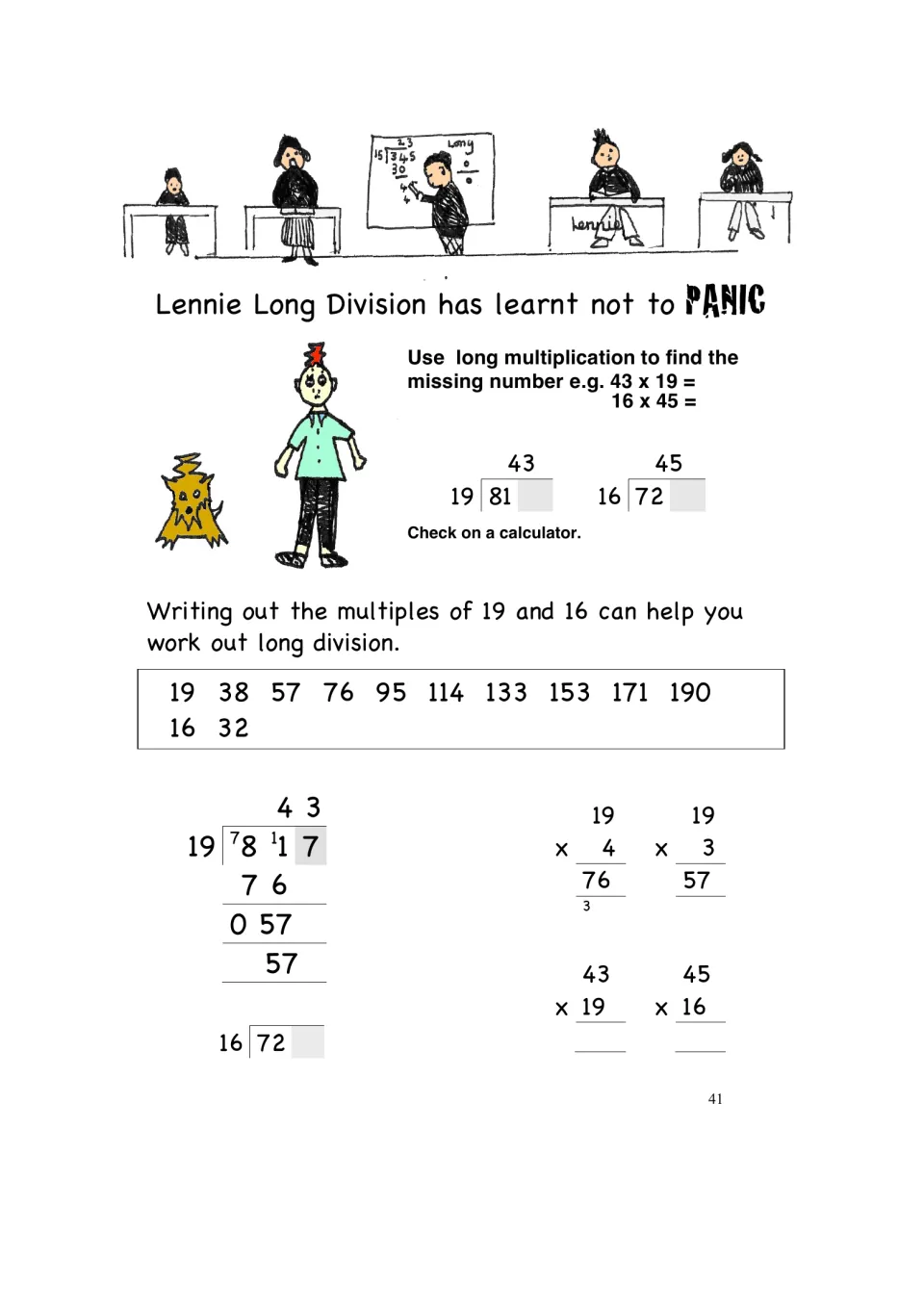 Lennie Long Division: students list multiples of 19 and 16 to divide 817 by 19 and 720 by 16, checking by multiplying