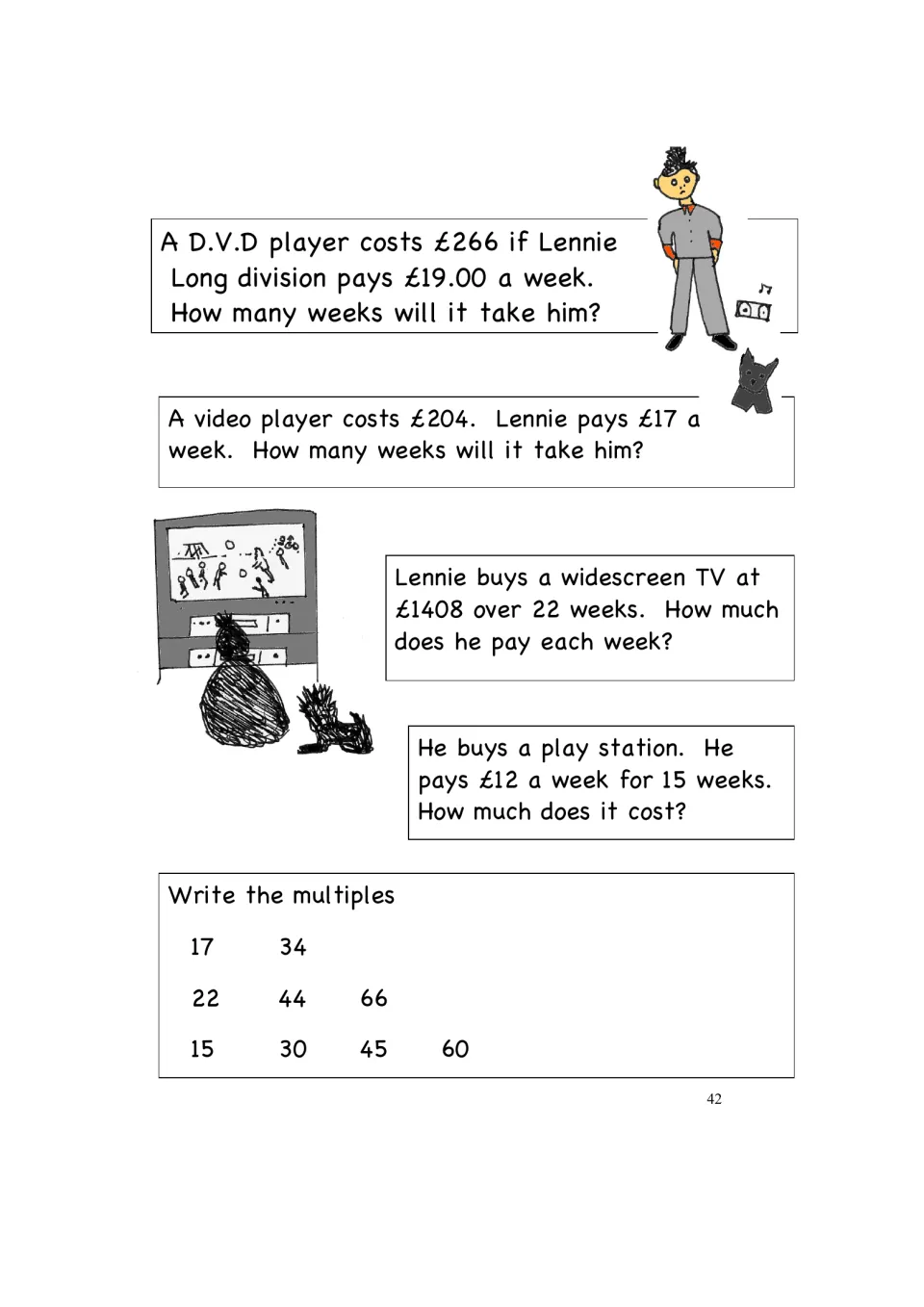 Money word problems: students find how many weeks to pay £266 at £19 or £204 at £17, and a £1408 TV's weekly cost