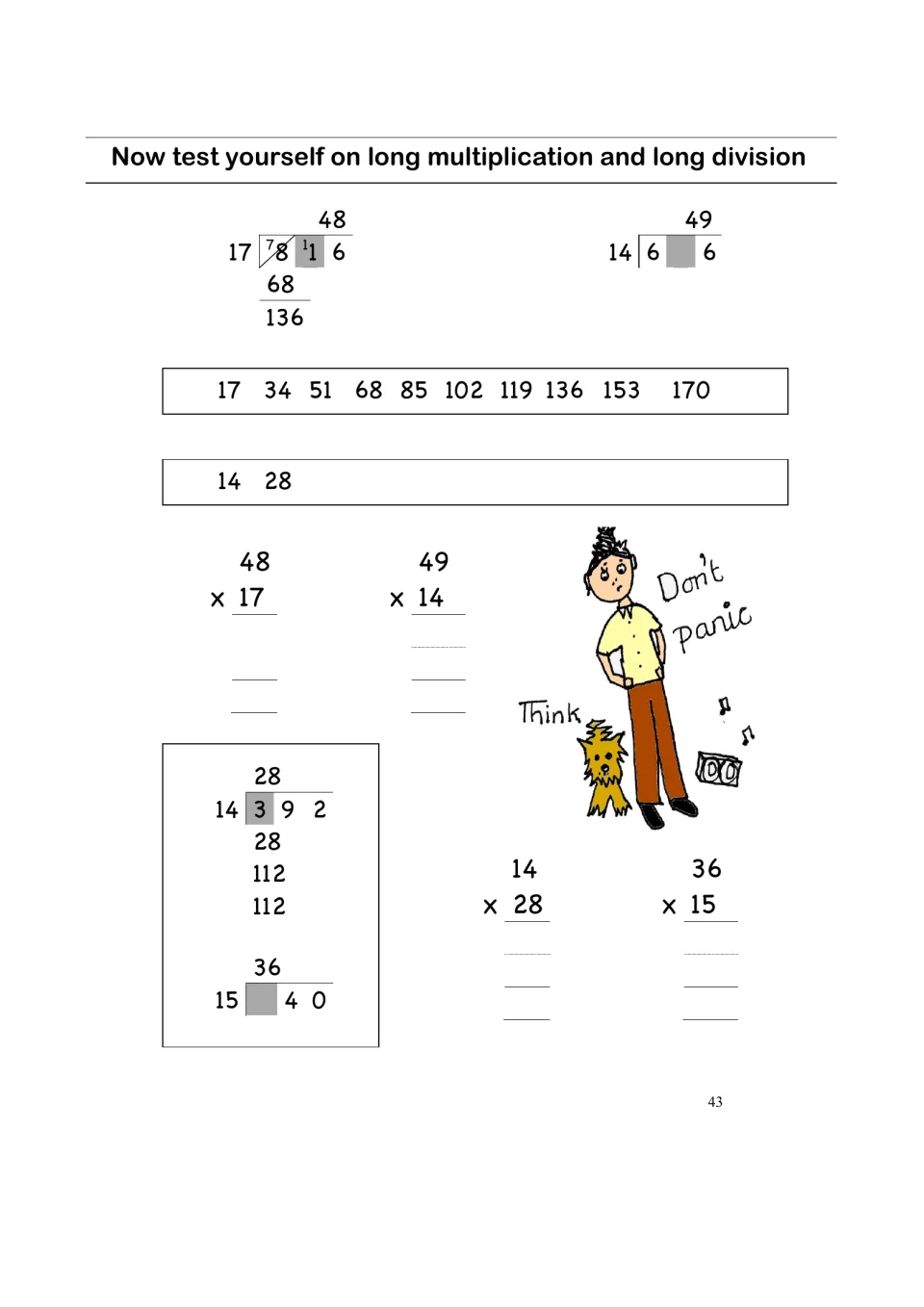 Self-test on long multiplication and long division: students finish 816 ÷ 17, 686 ÷ 14, 392 ÷ 14, 540 ÷ 15 and 4 products