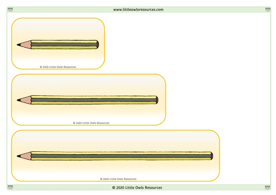 Pencil length comparison cards: three pencils of different lengths to order from shortest to longest.