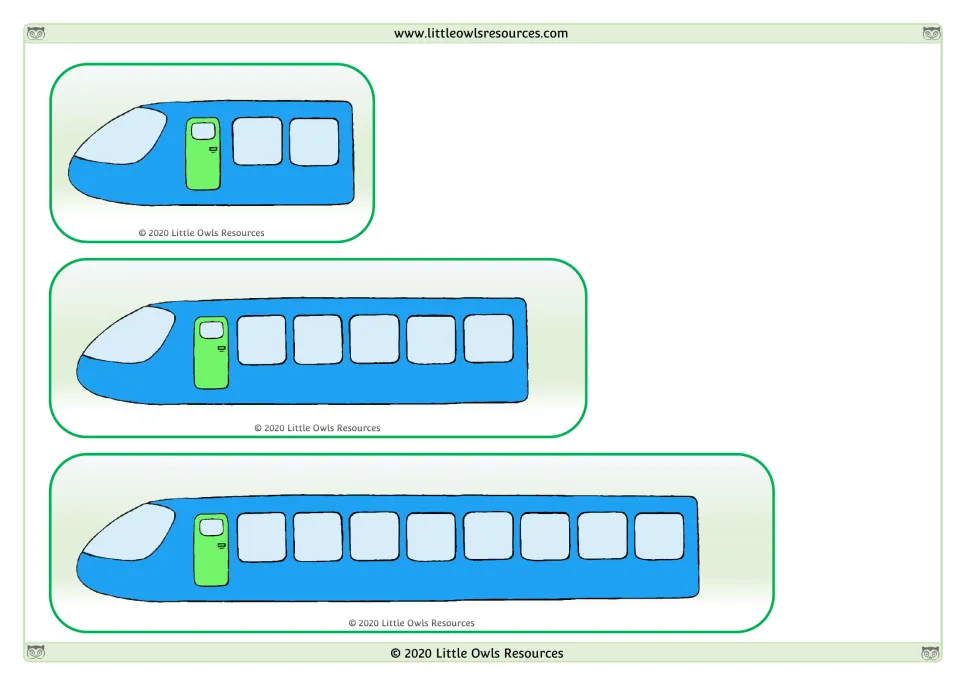Train length comparison cards: three blue trains of different lengths for ordering and comparing length.