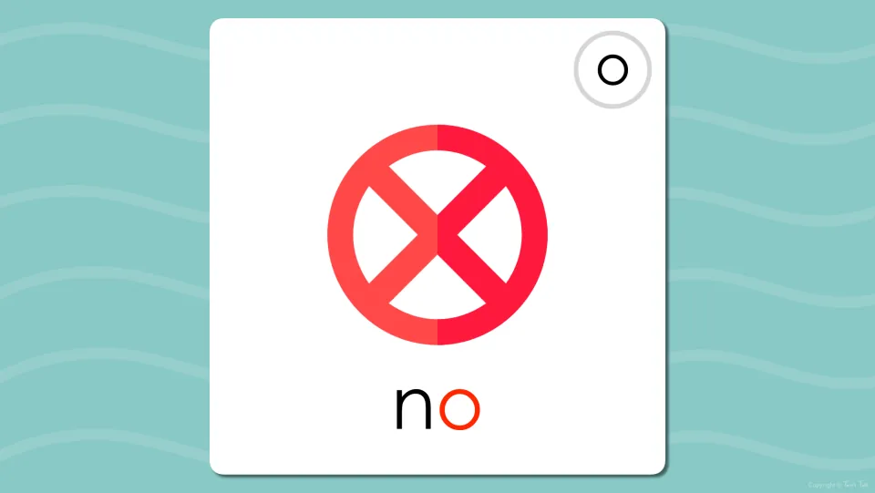 Long o flash card revealing the word no under the red no symbol, with the final o in red to mark the long o vowel sound