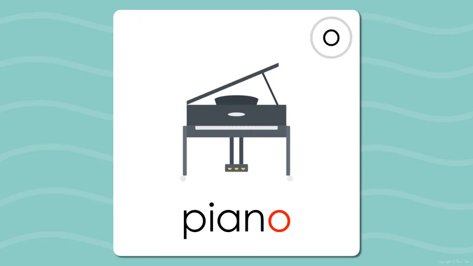 Long o flash card with the grand piano picture and the word piano, its final o printed in red to show the long o spelling
