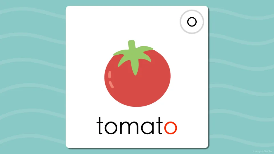 Long o flash card showing the tomato picture with the word tomato, its final o in red to highlight the long o at the end