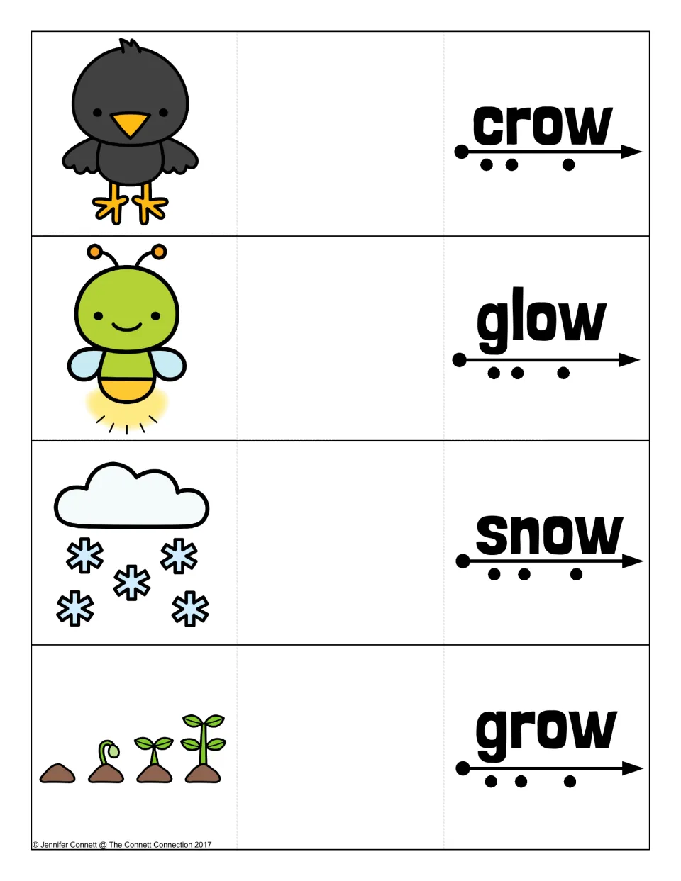 Long o ow word cards: students blend crow, glow, snow and grow using sound dots, then reveal a picture of each to check