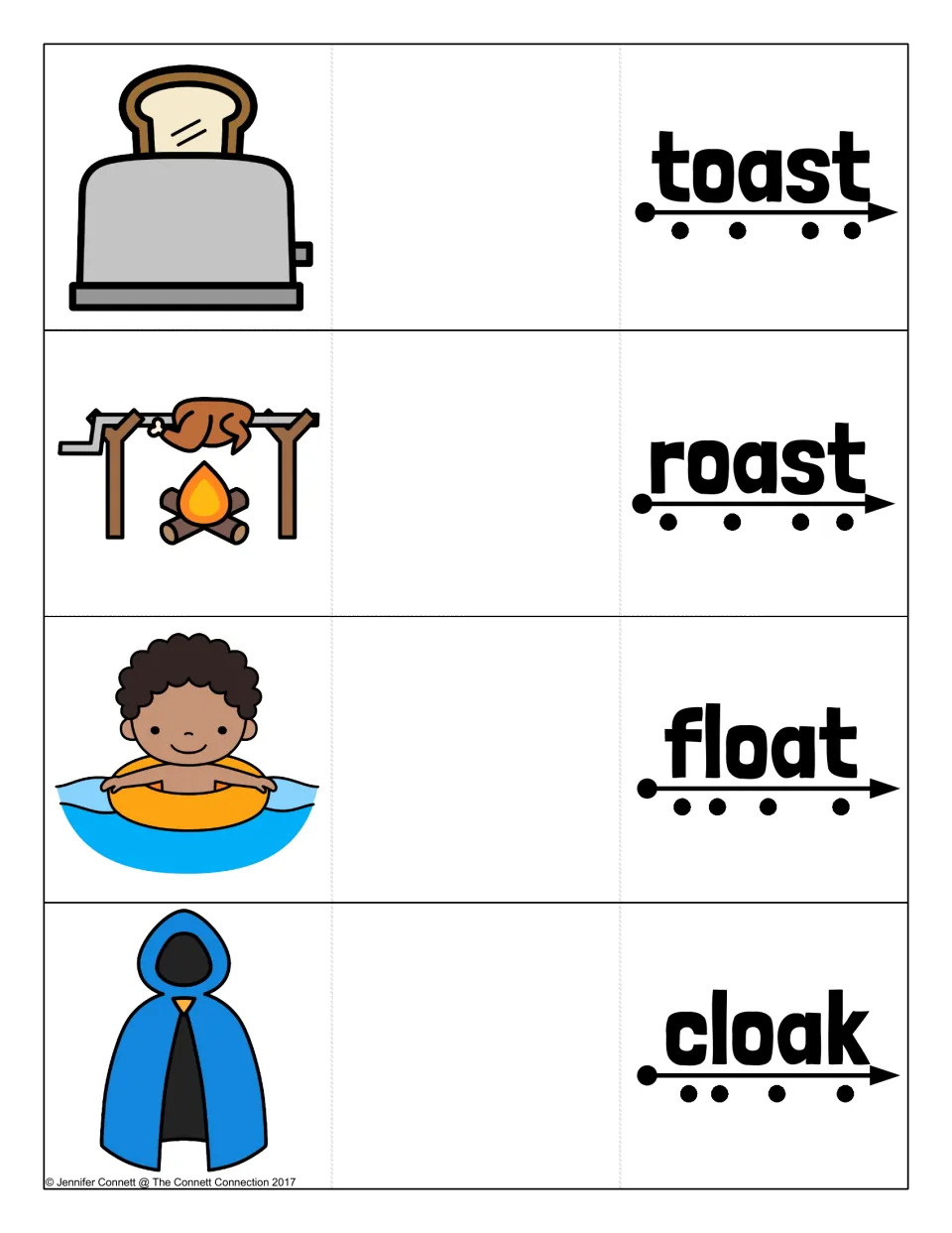 Long o oa cards with four sounds each: toast, roast, float and cloak, shown with sound dots and a picture to reveal