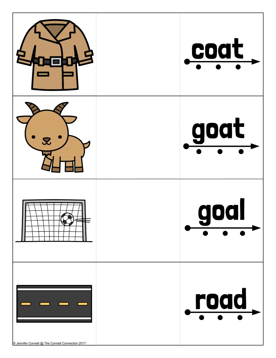 Long o oa word cards: coat, goat, goal and road, each with three sound dots and a matching picture to reveal