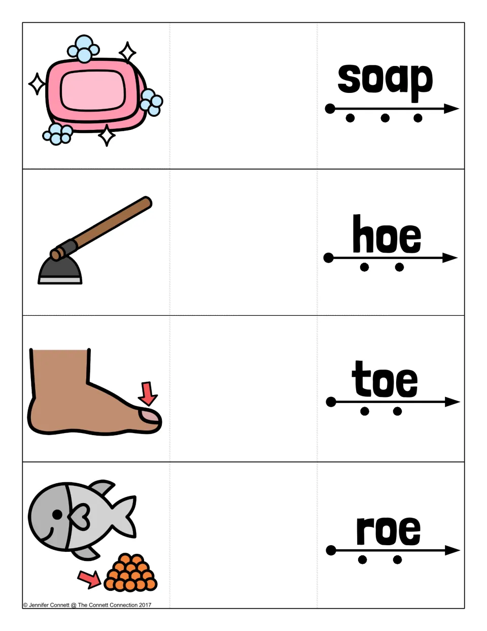 Long o cards for soap plus oe words hoe, toe and roe: students sound out each word along the dots, then open to the picture