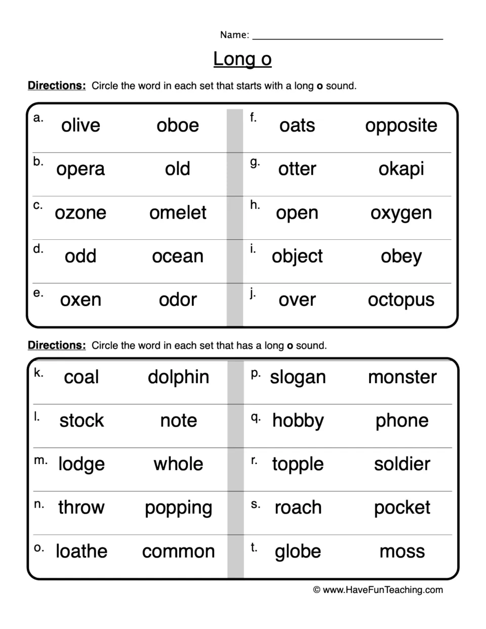 Long o sound: students circle the word in each of 20 pairs that starts with or contains long o, such as ocean or phone