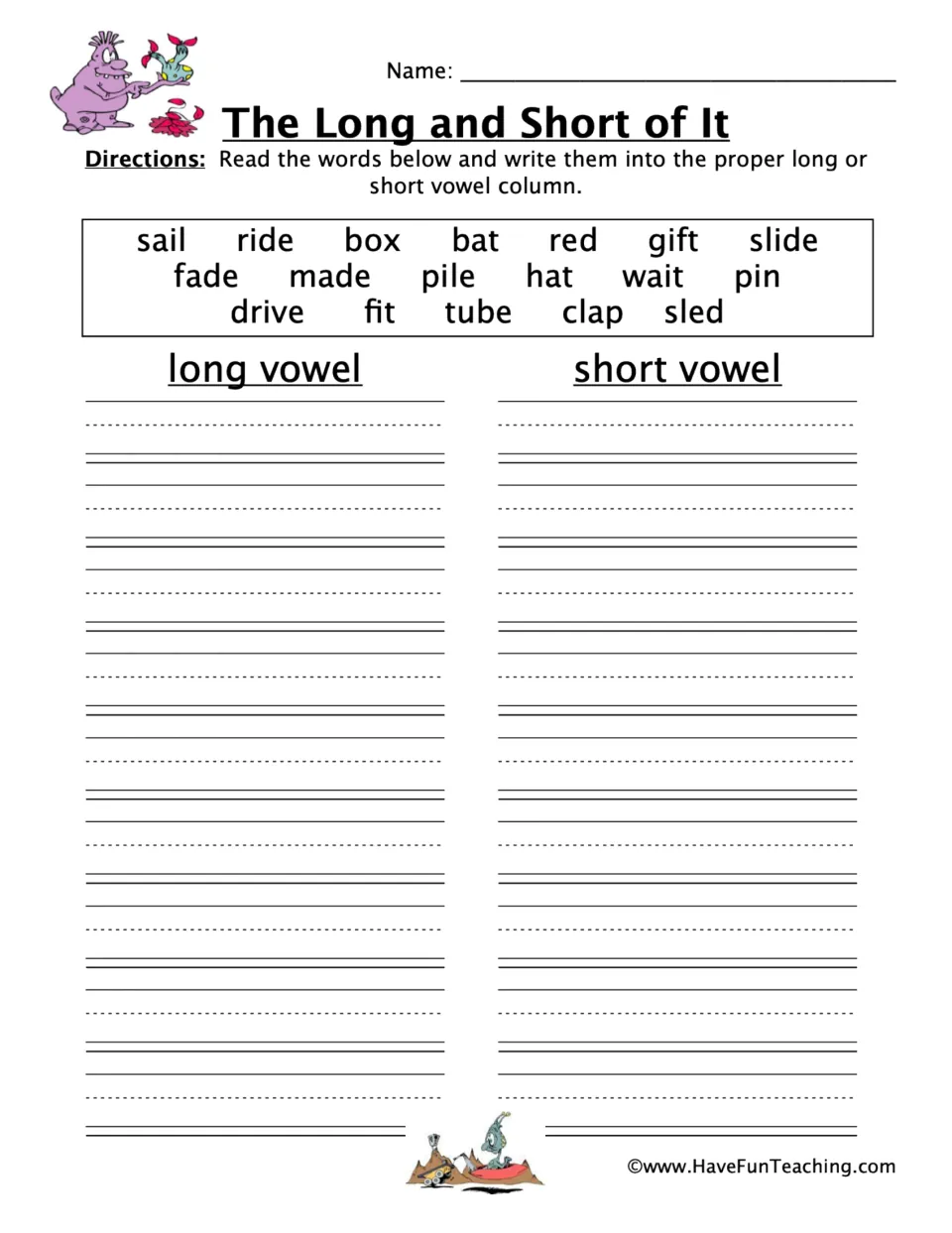 Vowel sorting worksheet: classify 18 words, including sail, ride, box, bat, red, and gift, by vowel length.