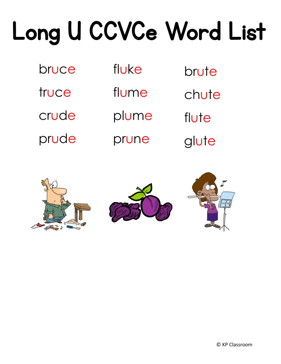 Long U CCVCe word list of 12 words, including bruce, fluke, plume, prune, chute and glute, with the u-e pattern in red