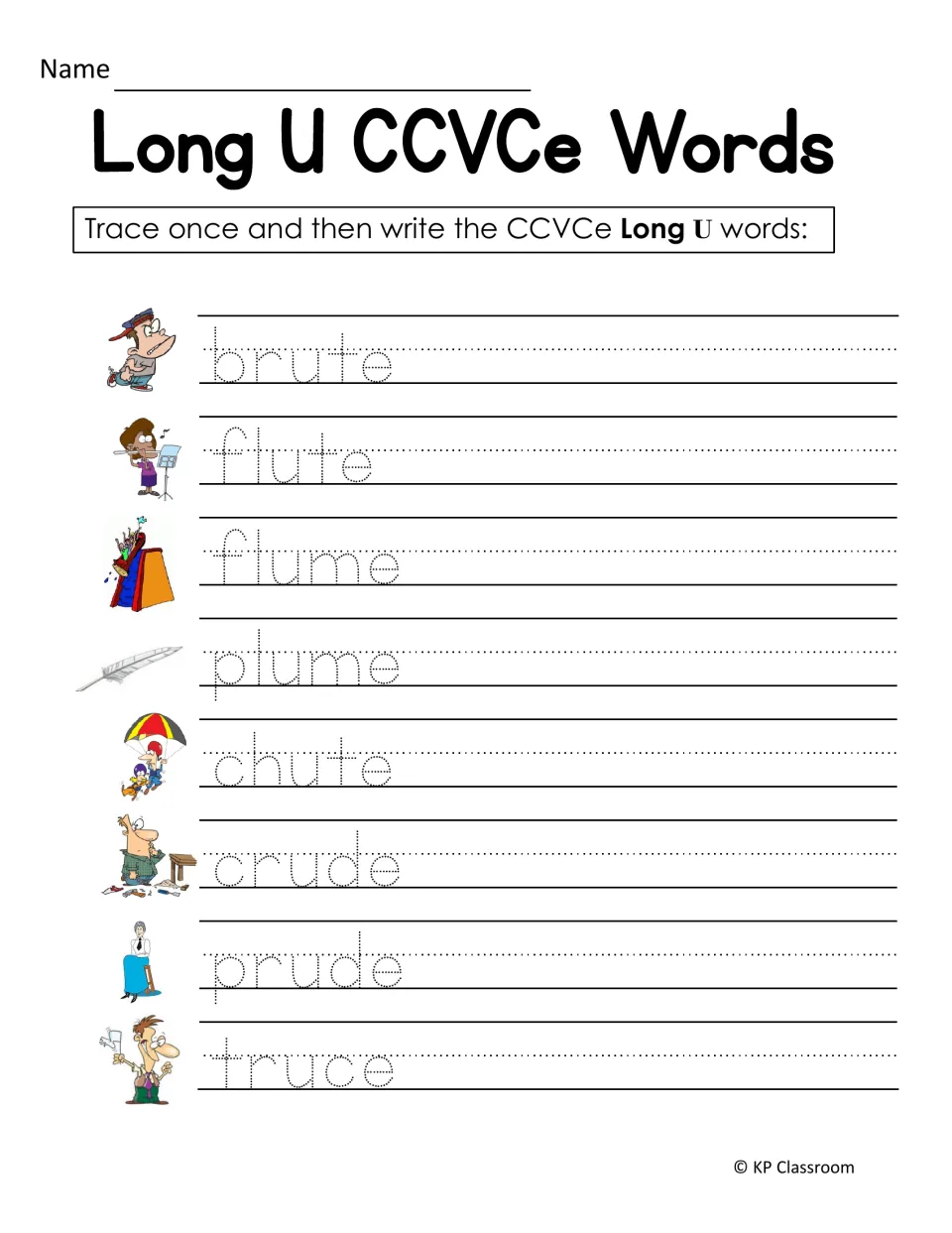 Long U CCVCe words handwriting: students trace, then write brute, flute, flume, plume, chute, crude, prude and truce