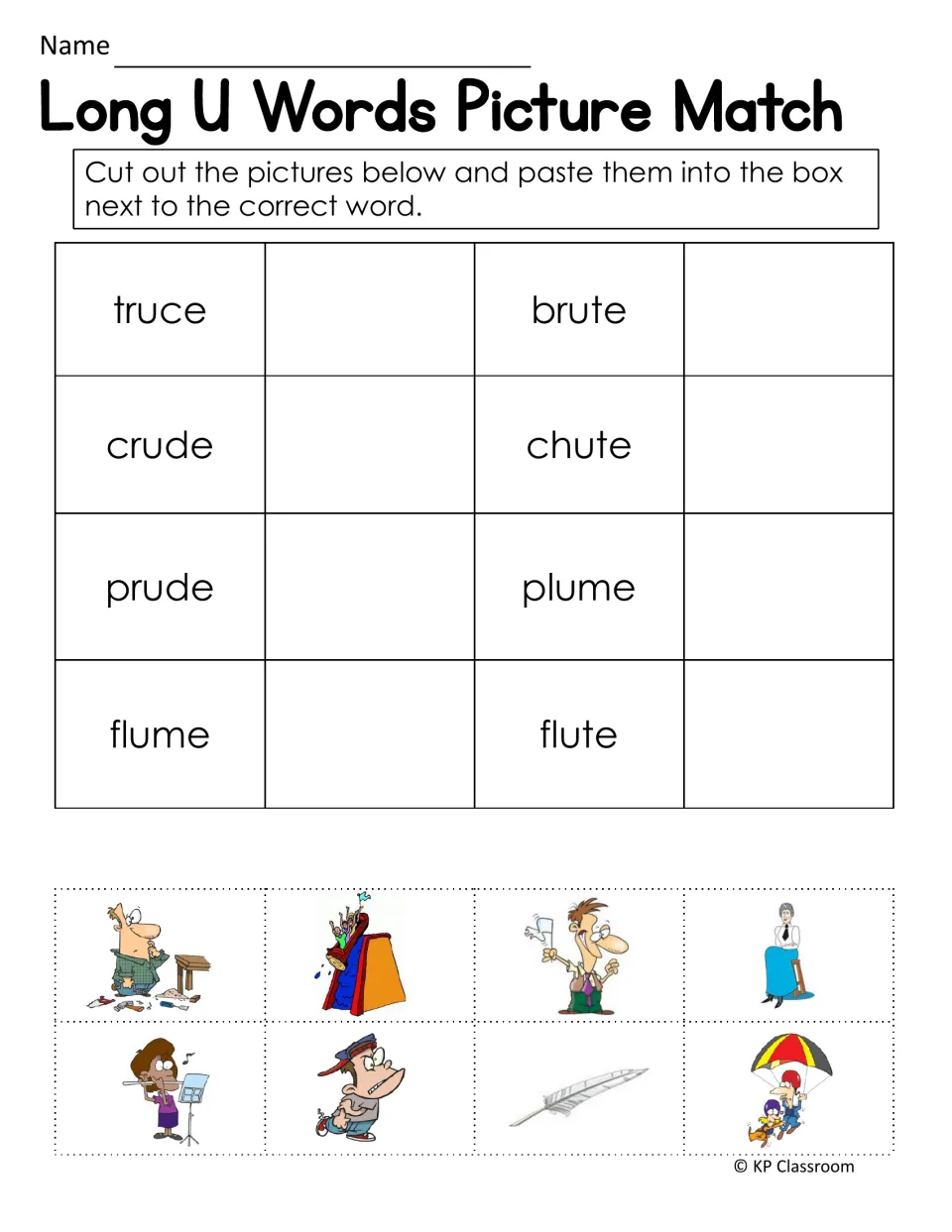 Long U words picture match: students cut out 8 pictures and paste each beside its word, such as truce, chute or plume
