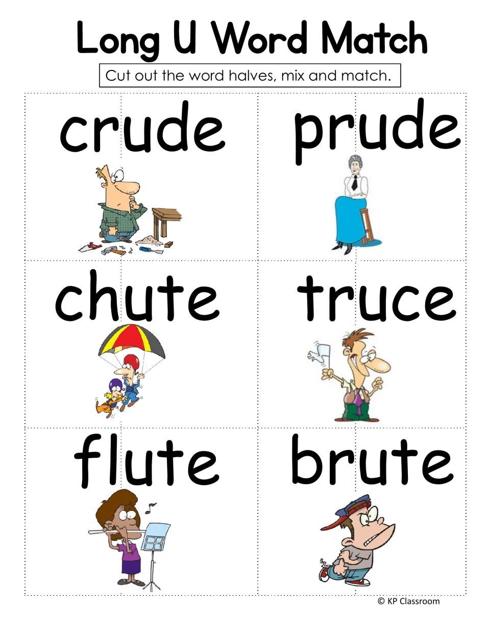 Long U word match: students cut crude, prude, chute, truce, flute and brute picture cards into halves, then mix and match